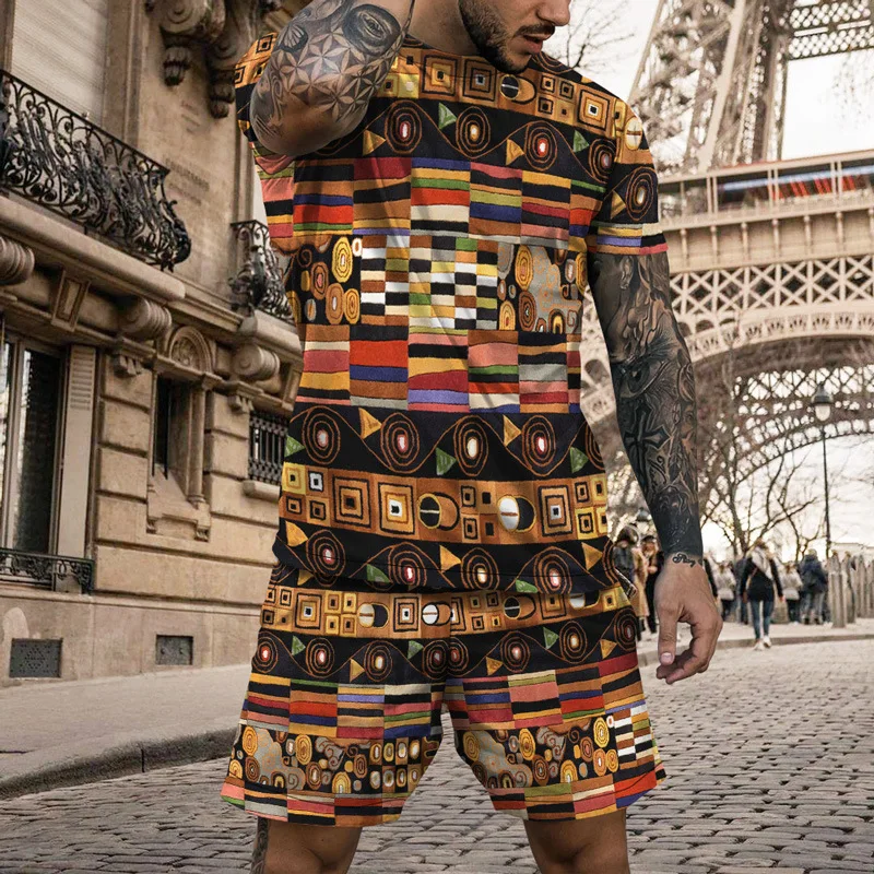 Summer Beach Men's Casual Sportswear Loose T-Shirt Outfit Printed Africa Dashiki Enthic Style Streetwear Large Size Tracksuit