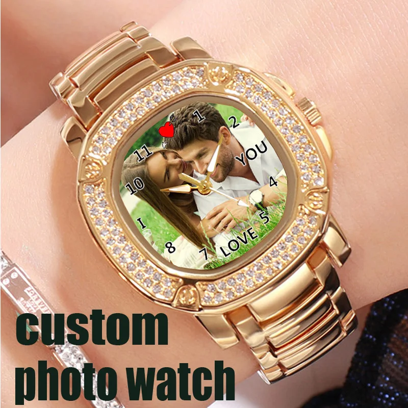 ساعة صور مخصصة للنساء لون ذهبي ساعة حجر الراين تخصيص الصور ساعة اليد طباعة صورة شخصية لتقوم بها بنفسك هدية لفتاة