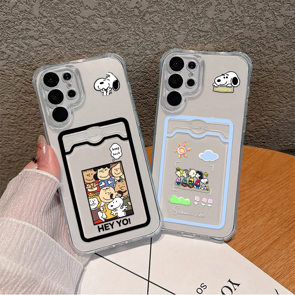 Cute Anime Snoopys Card Hold Phone Case For Samsung S24 S23 S22 S21 S20 FE Plus Ultra M33 M53 M54 5G Anti-fall Clear Cover