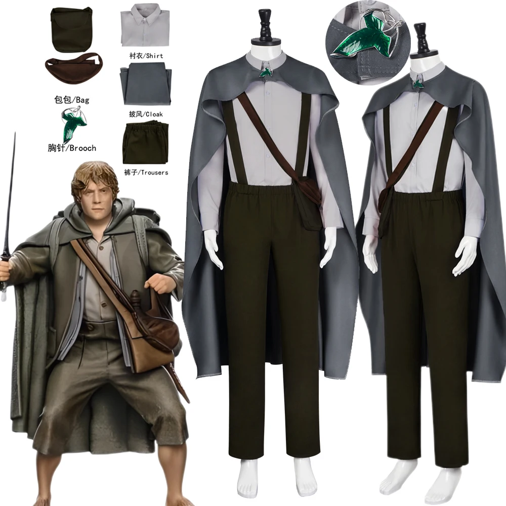 

Костюм для косплея Сэмвайза Гэмги из фильма «Властелин колец»: серый плащ, брошь, накидка, сумка, униформа — полный комплект для взрослых мужчин на Хэллоуин