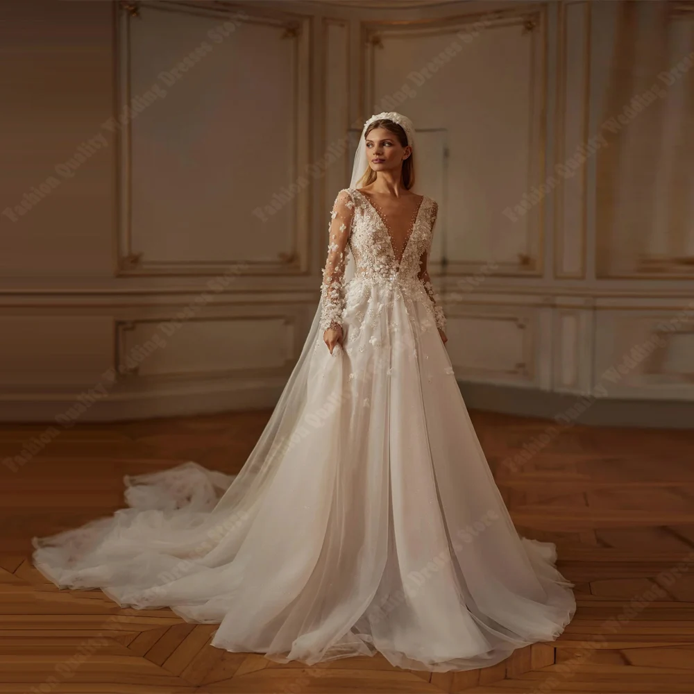 

Sexy V-Neck Women Wedding Dresses Shining A-Line Tulle Bridal Gowns Princess Mopping Length Party Vestidos De Novias Customized