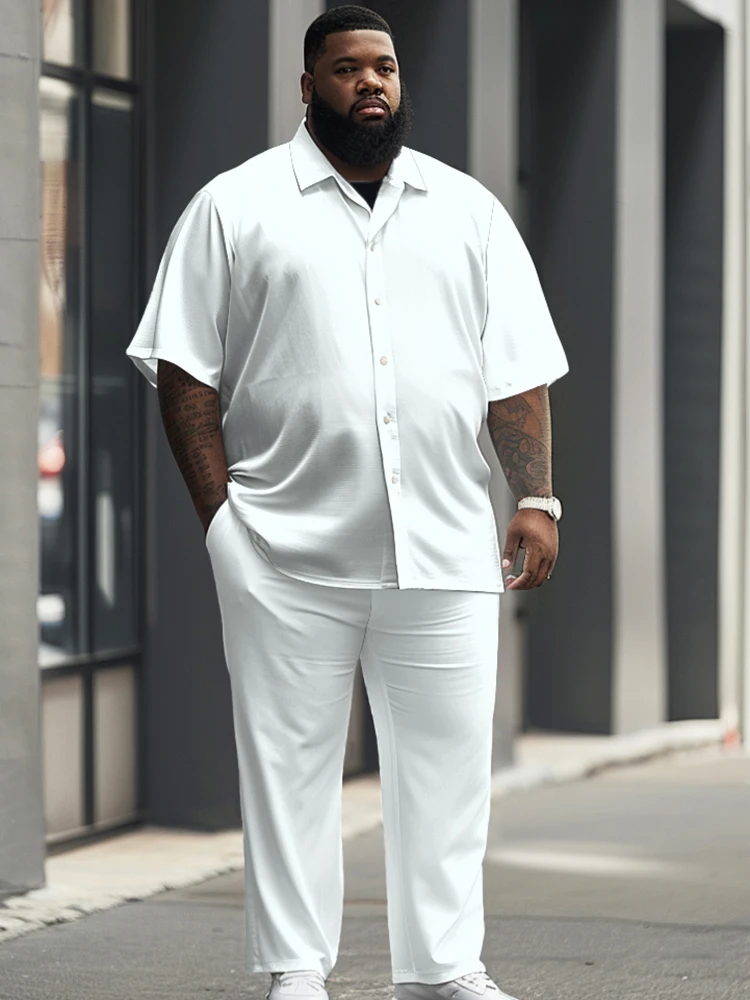 Biggmans Casual Solid White Pants Loose Outfits Summer Mens Streetwear Shirt Long Pants Set Male L-9XL Large Size Two Piece Suit