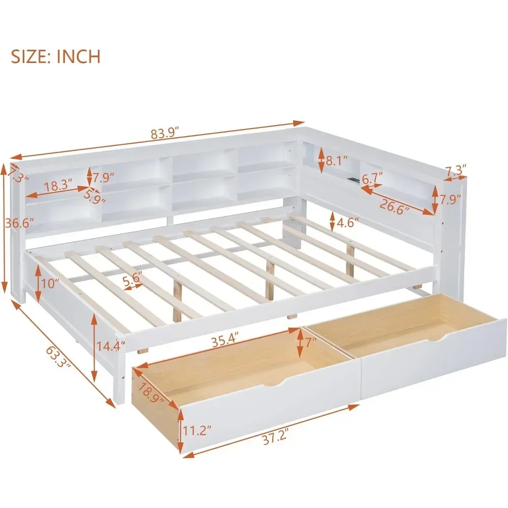 Full Size Daybed Bed with Storage Drawers and Bookcase,Full Corner Bed Frame with Functional Storage for Kids Teens Adults, Gray