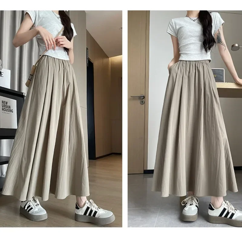 Solid Casual Long Skirts for Women 2024 Summer Vintage Women's High Waist A-Line Maxi Skirt Office Lady Elastic Loose Skirt