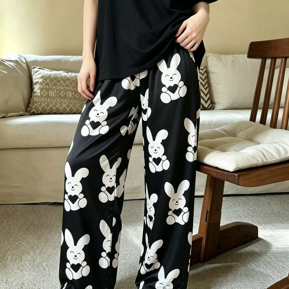 Cute Cute Black Rabbit Print Women Milk Cotton Trousers, Soft Loose Straight Leg Casual Loungewear Pants for Home Daily Wear - Aliexpress Deal