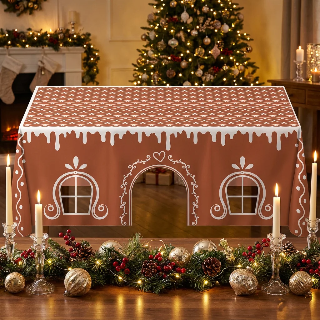 Christmas Gingerbread House Tablecloth Open Tent Festive Village Playhouse Design for Winter Holiday Dinner Home Kitchen Table D