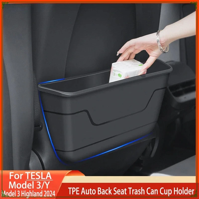 

For Tesla Model 3/Y Model 3 Highland Car Set Back Storage Box TPE Auto Back Seat Trash Can waterproof Cup Holder accessories
