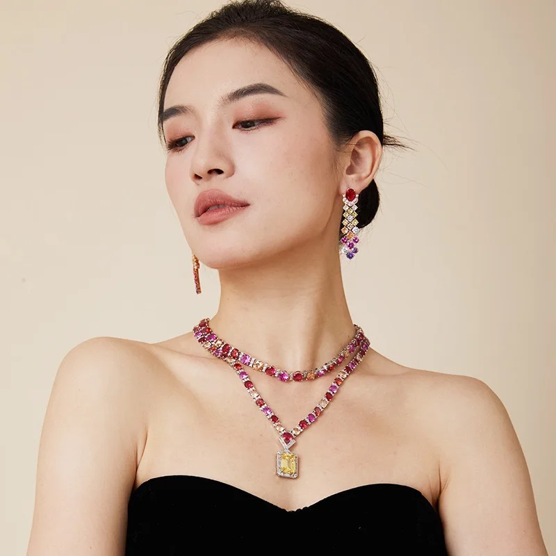 

Top Grade Temperament Women's Evening Necklace Earrings Colorful AAA Zircon Green Earrings Wedding Party Dress Jewelry Set