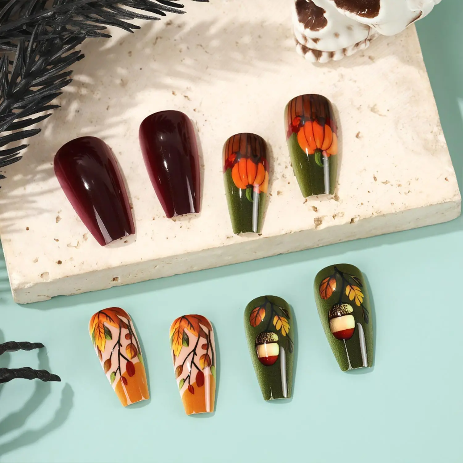 Fall Leaf Press on Nails Thanksgiving Pumpkin False Nails with Design Medium Square Glossy Autumn Maple Leaves Acrylic Nails