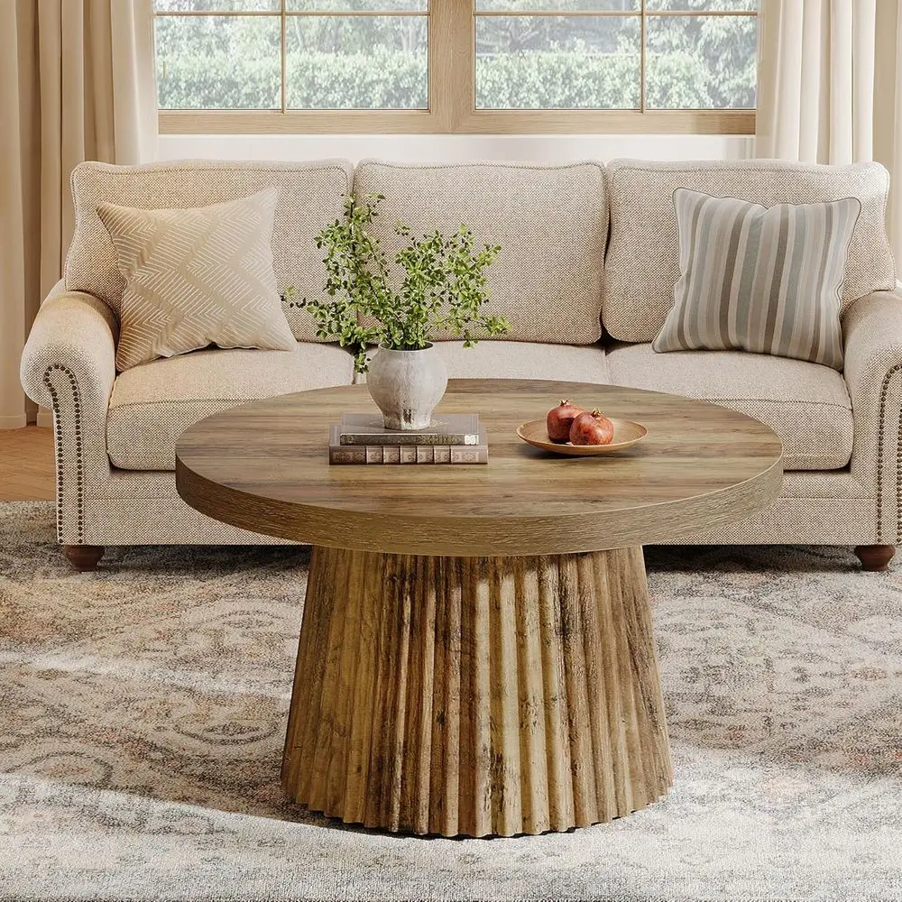 

31.5 Small Farmhouse Round Coffee Tables with Fluted Drum Base, Mid Century Modern Boho Accent Center Table for Living Room, Apa