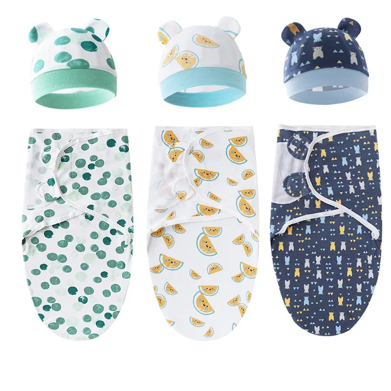 100% Cotton Baby Swaddle Blanket Swaddle Wrap Baby Hat Set for Infant Adjustable Newborn Swaddle Baby Swaddles for 0-6 Month