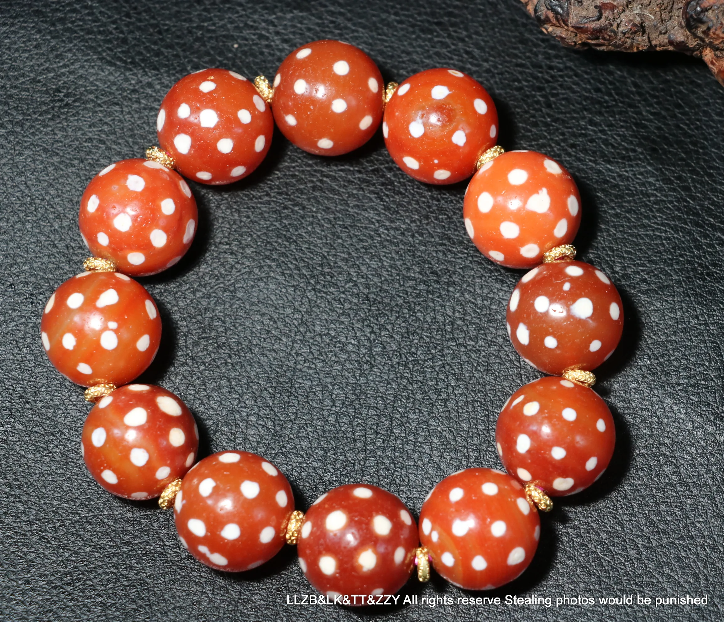 Energy Tibetan old Red Agate FULL Stars Vein Big Round dZi Bead Stretchy Bracelet 19.5MM 5A Timestown UPD21