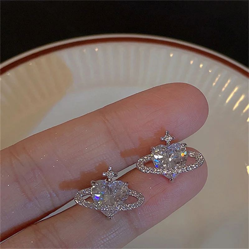 Sweet Romantic Shiny Cross Earrings For Women Heart Planet Crystal Ear Studs Elegant Korean Earrings Party Y2K Jewelry Gifts