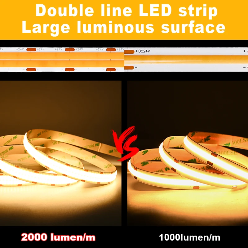 Double Row Flexible COB LED Strip 2000lm/m Super Bright High Density 600 LEDs/m Dimmable Led Lights RA90 3000K 4000K 6500K DC24V