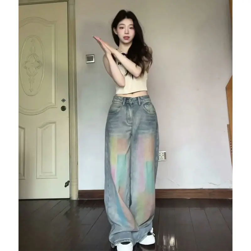 Straight Leg Slim Long Jeans with colorblock print Women Denim Pant Plus Size boyfriend casual y2k e-girl fairycore 2000s grunge