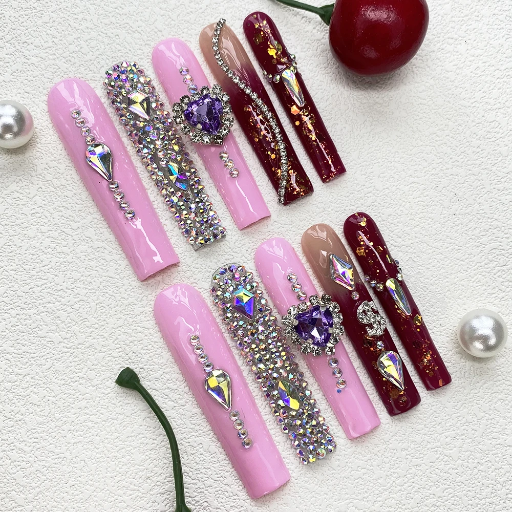 

Exclusive Design Glitter Gem Stone False Press on Nails Covered Exquisite Decorated Artificial Glossy 10PCS Handmade Fingernails