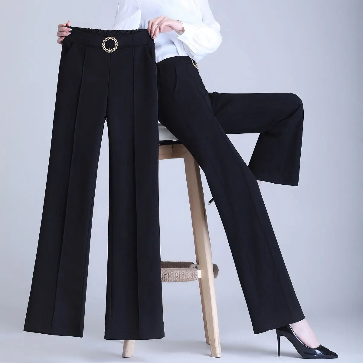 

2024 Women Spring Autumn Elegant Fashion Flare Pants Female High Waist Solid Trousers Ladies Casual Straight Trouser Y728