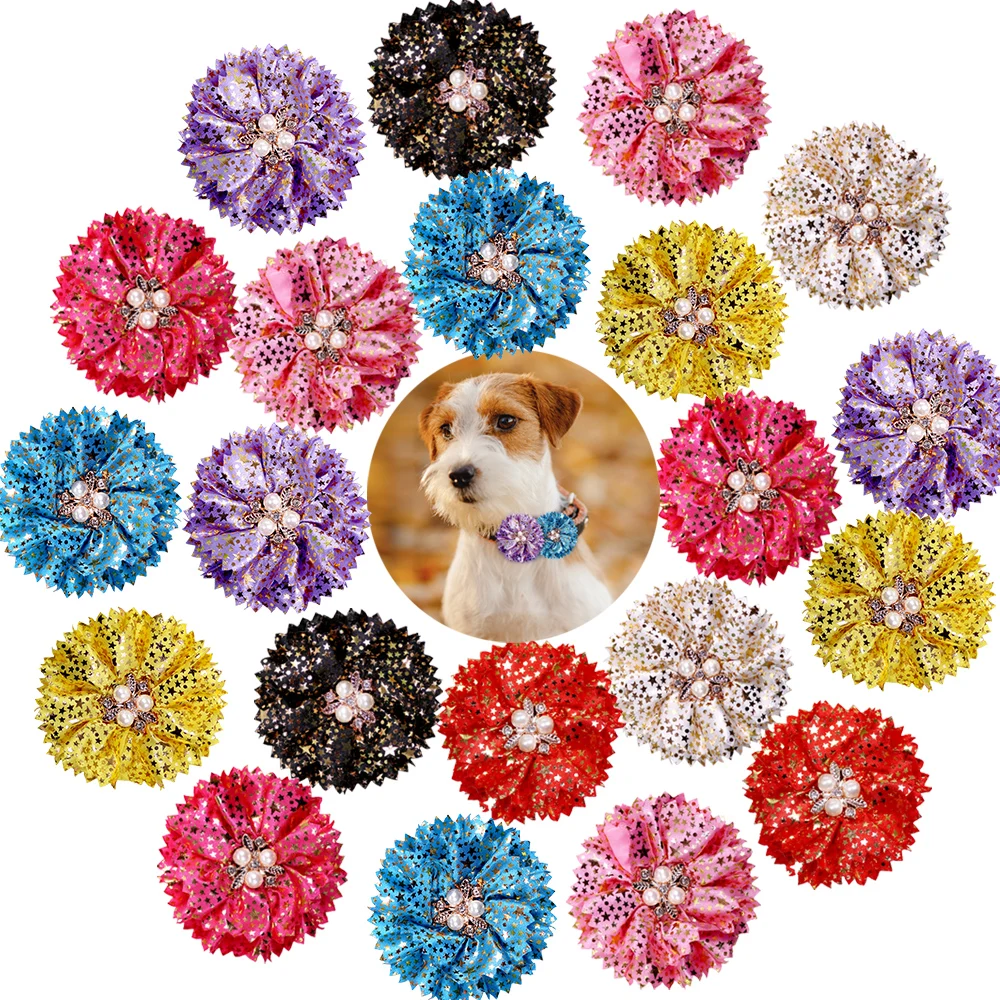 60PCS Dog Fashion Supplies Sildable Flower Collar Shining Diamond Dog Bow Tie Pet Dog Collar Charms Dog Grooming Accessories