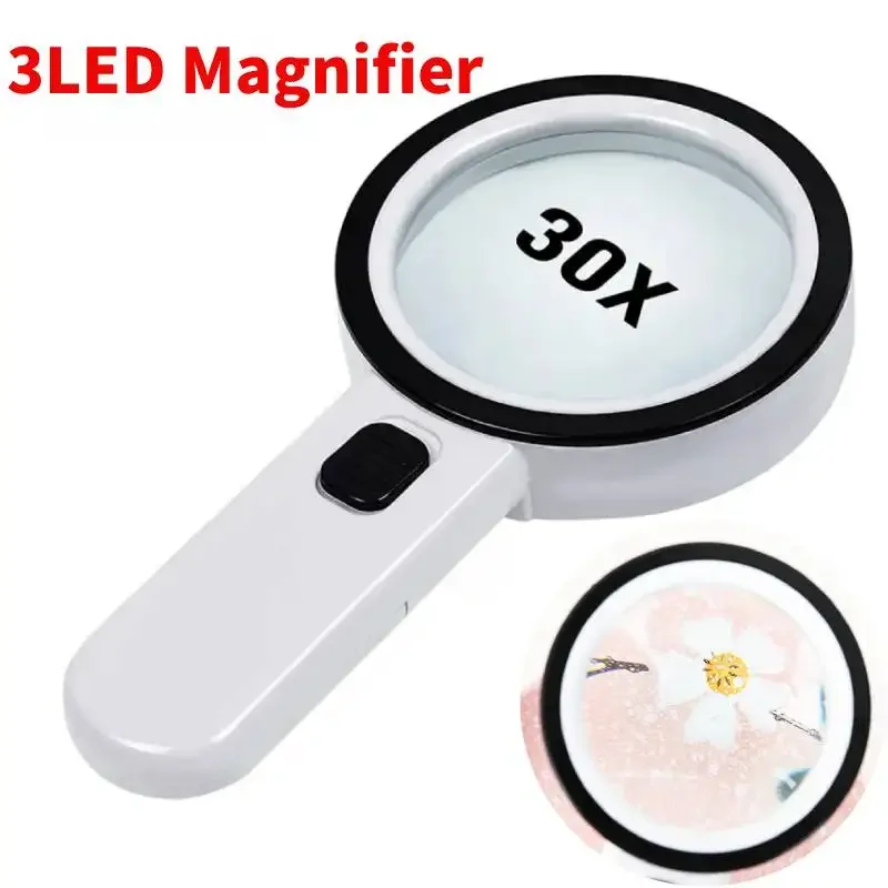 30X Handheld Magnifier Independent Lighting Design 3LED Double Glass Lens Appreciation Reading Magnifiers Jewelry Repair Tool