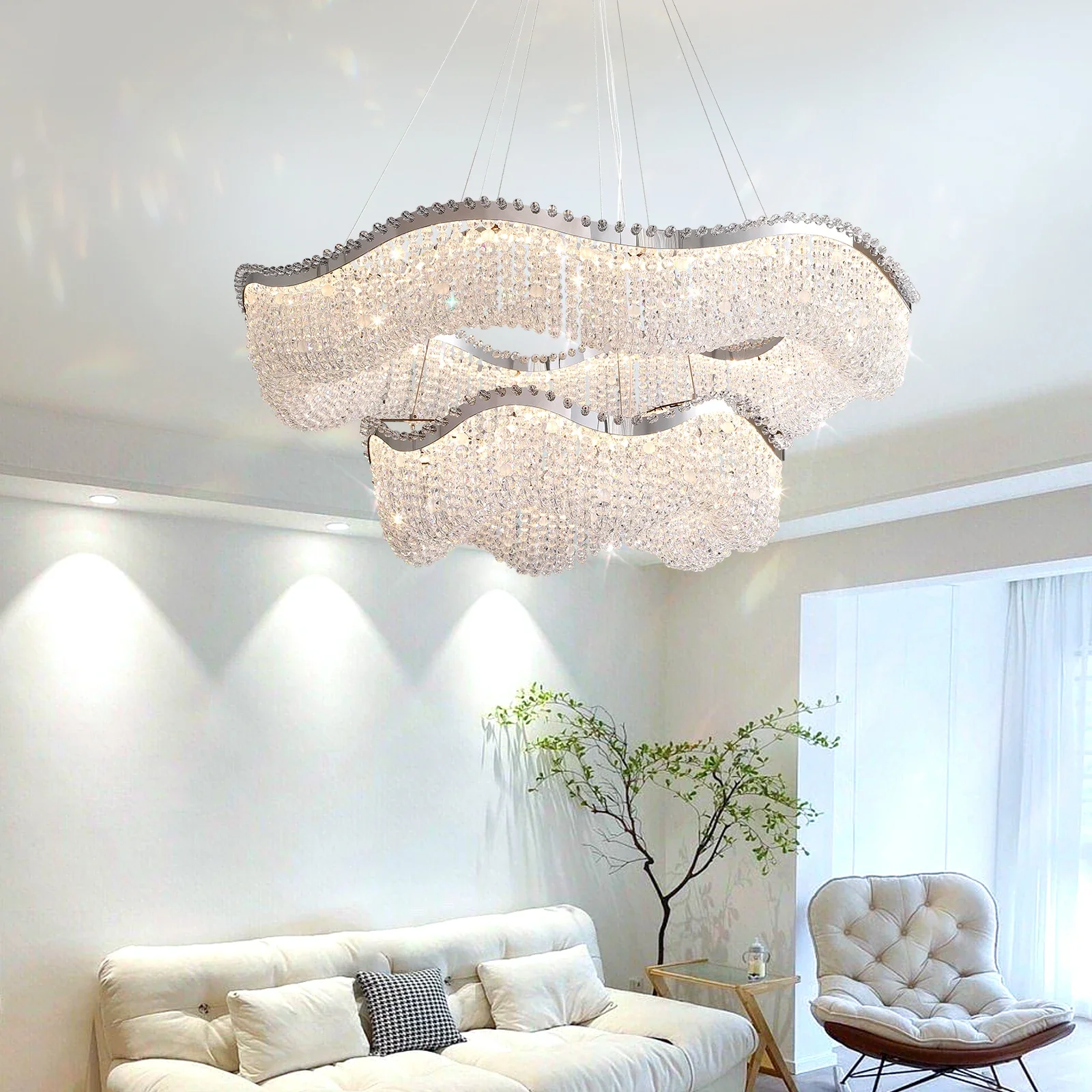 French Wave-Shaped Crystal Chandelier, Silver Ornate Fixture, Nostalgic Living Room Lighting, Art Deco Home Decor Lamp