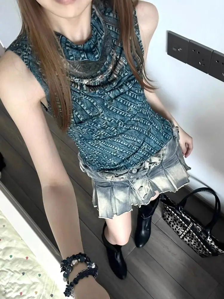 Kimotimo Sexy Slim American Vintage Blue Denim Mesh Sleeveless Women Summer New Tight Bodycon Hot Girl Style Streetwear Tank Top