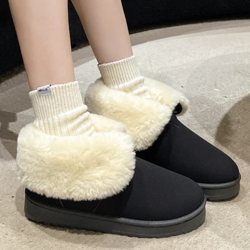 Ladies Shoes 2023 Fashion Slip on Women's Boots Winter Round Toe Solid Flock Plush Warm Naked Boots Low-heeled Casual Snow Boots