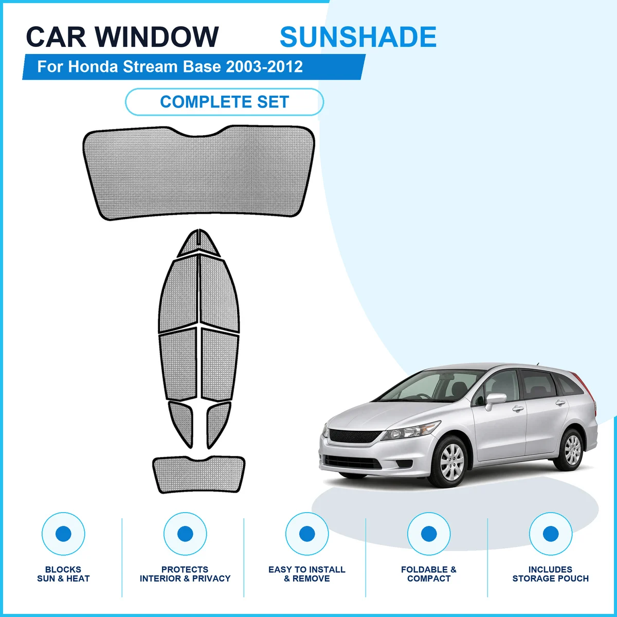 For Honda Stream Base 2003-2012 Custom Full Set Window Sunshades Aluminum Foil Suction Cup Anti UV Privacy