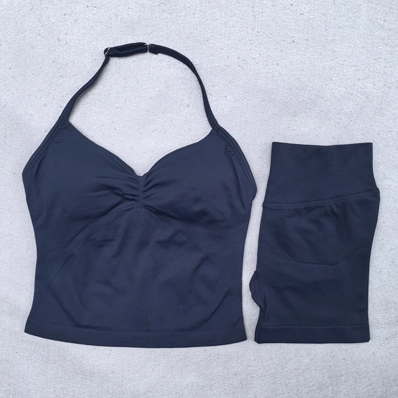 2-teiliges Yoga-Set für Damen, rückenfrei, Neckholder-Tops, hohe Taille, nahtlose Shorts, Fitnessstudio, Anzug, Fitness-Kleidung, Sportbekleidung, Workout-Sets – Detail 8