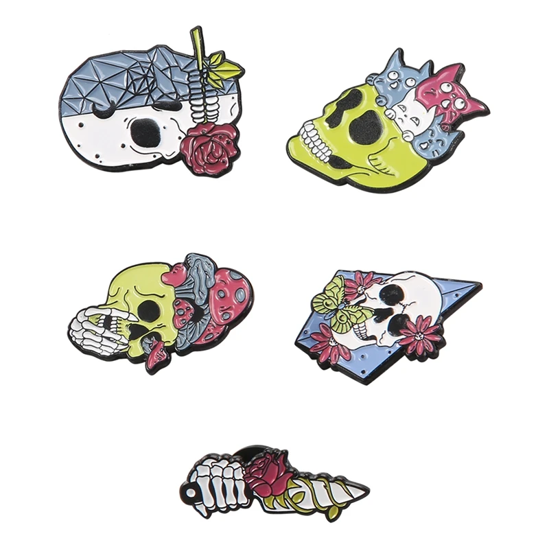 5 Pcs Enamel Pins Set Skull Gothic Plant Knife Rose Butterfly Cat Enamel Lapel Pin Brooches For Backpack And Jackets