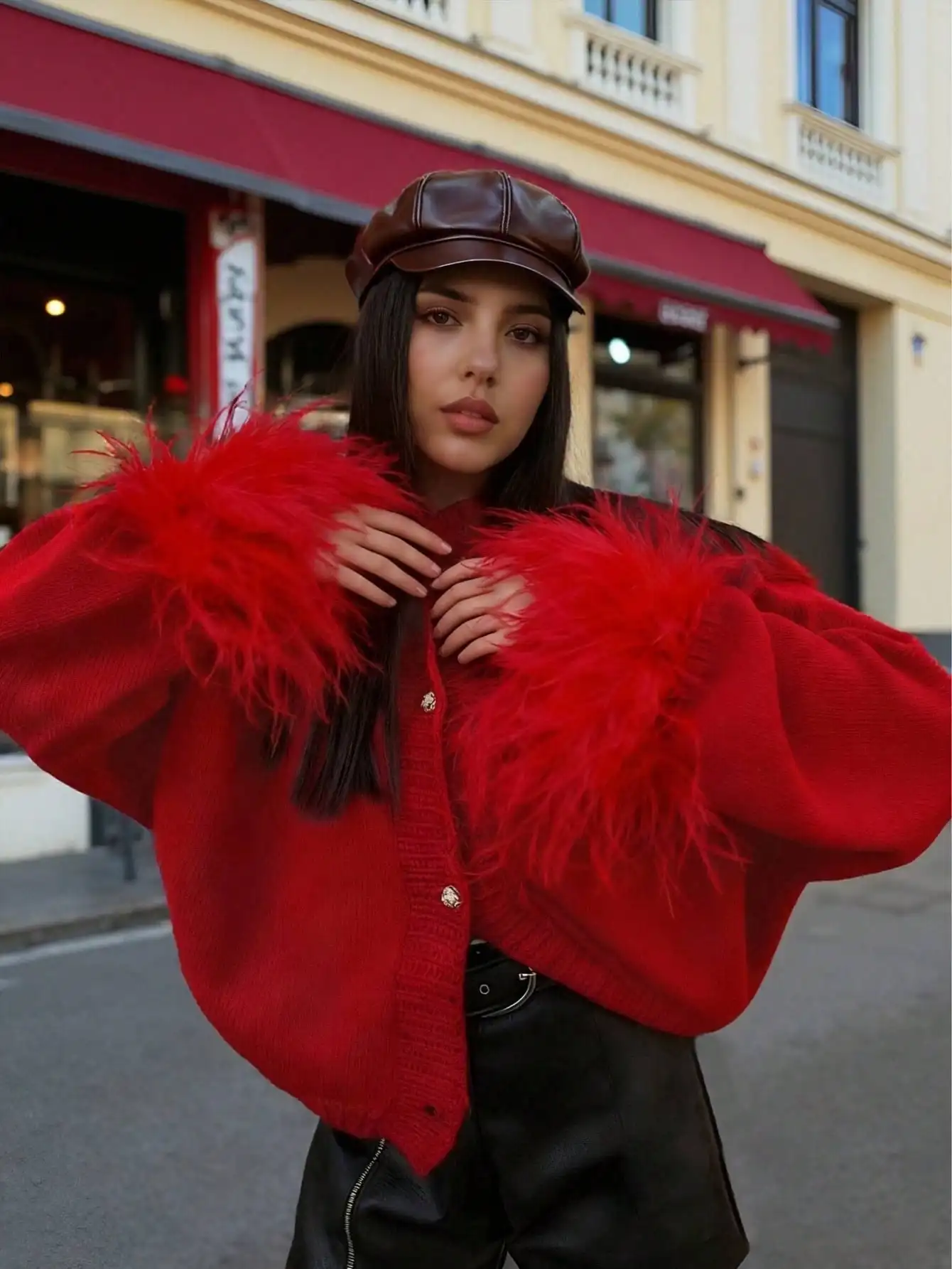 عيد الميلاد، رأس السنة، أزياء نسائية احتفالية كاجوال بأصفاد فروي أمامية حمراء للعطلات وعيد الحب الأحمر