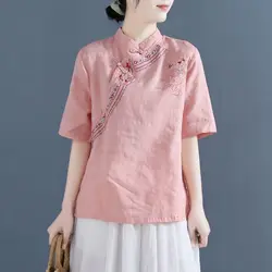 Traditional Chinese Shirt Retro Folk Tea Clothing China Style Tops Embroidery Women Daily Cotton Linen Blouse Spring Summer New