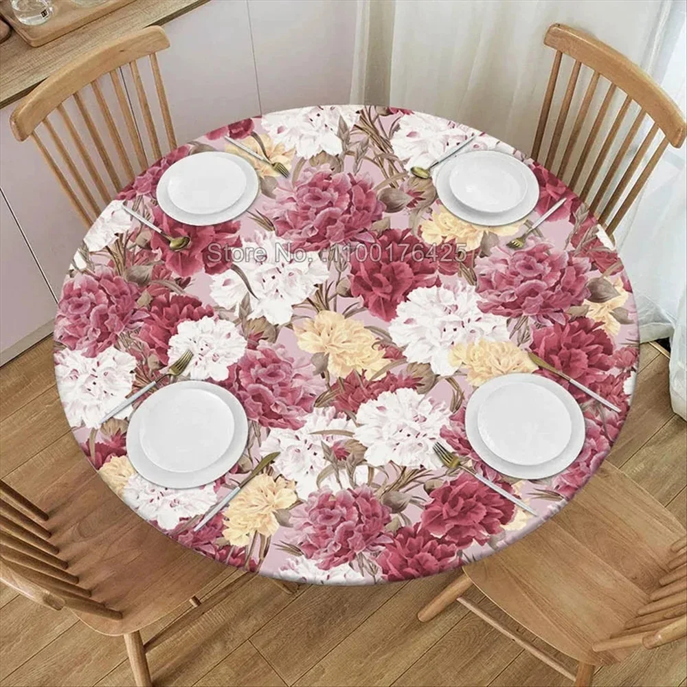 Flower Birds Round Tablecloth Waterproof Elastic Dining Table Decoration Accessories Boho Style Home Kitchen Dining Room Decor