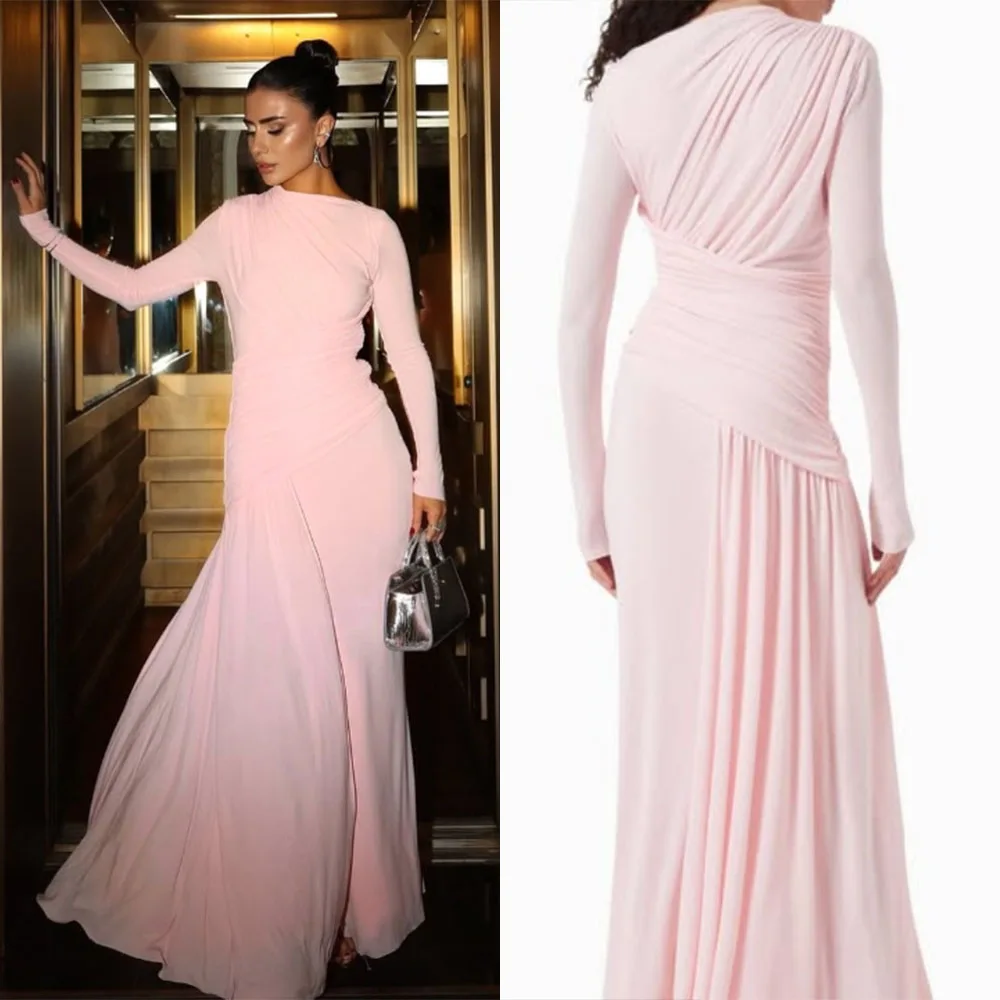 

Высокое качество, индивидуальные длинные рукава, морщины, розовые, длиной до пола, женские трапециевидные платье Корейский Стиль, Vestidos Elegantes Para Mujer