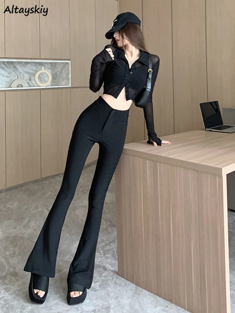 

Black Flare Pants Women Spring High Waist Solid Elegant Lady Leisure Korean Fashion Simple Vintage Slim Pockets Minimalist Chic