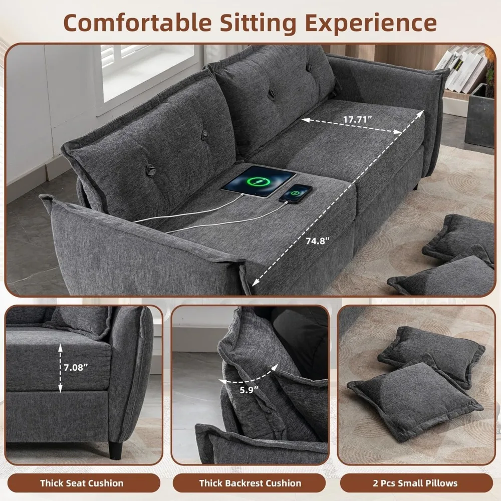 Graues 85 Deep Seat 3-Personen-Sofa mit USB-Anschlüssen, getufteter Komfort für kleine Wohnzimmer, Cloud Soft Love Seat Couch
