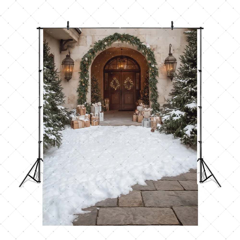 

Merry Christmas Wreath Winter Holiday Photography Background Santa Claus Family Christmas Eve Party Decorative Photo Backdrop