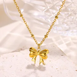 Tiny Dainty Bow Necklace For Women Gold Color Stainless Steel Necklaces Nameplate Clavicle Choker Jewelry Cute Christmas Gifts