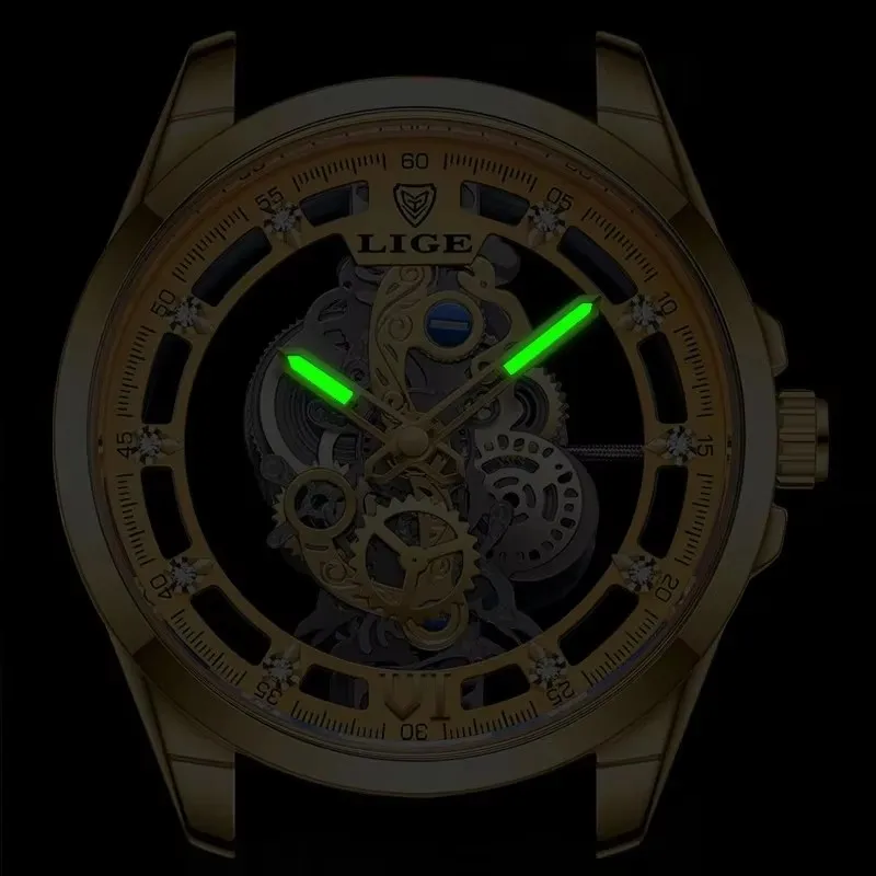 LIGE الرجال الهيكل العظمي الذهبي كوارتز ساعات المعصم الفاخرة الإبداعية تصميم جوفاء ساعات رجالي الأعمال الفولاذ المقاوم للصدأ ساعة مضيئة