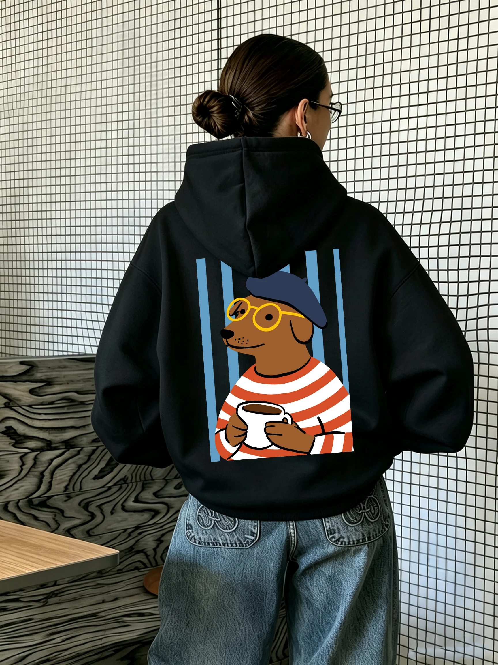 Dachshund Dog Coffee Cup Printing Women Hoodies Autumn Y2K Pocket Hoody Casual Jogging Sportswear Female Fleece Loose Pullovers
