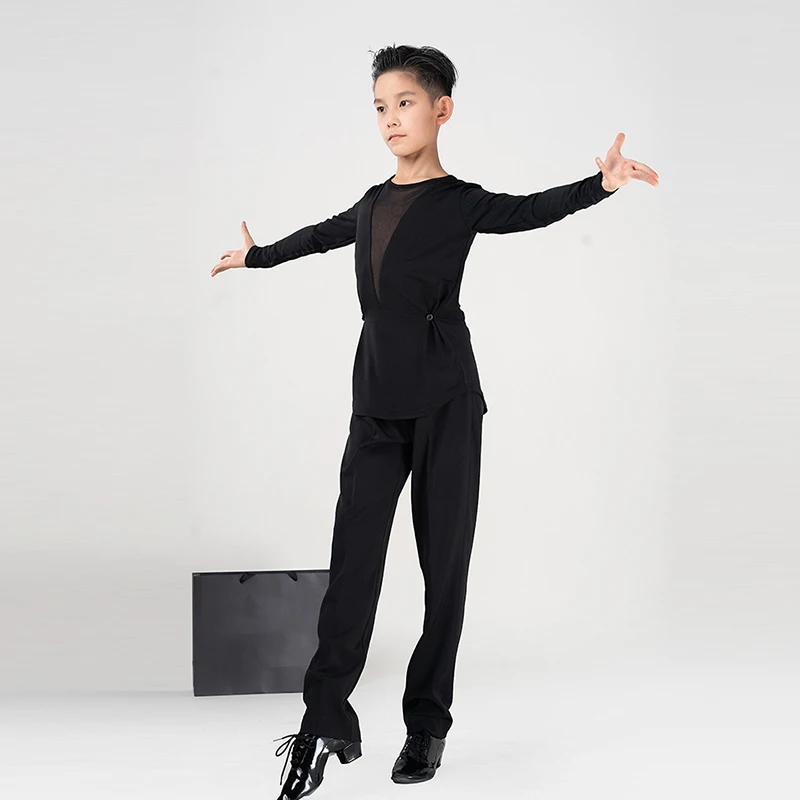 2024 New Latin Dance Performance Costumes Boys V-Neck Mesh Tops Black Pants Suit Kid\'s Rumba Tango Dance Training Clothing XH948