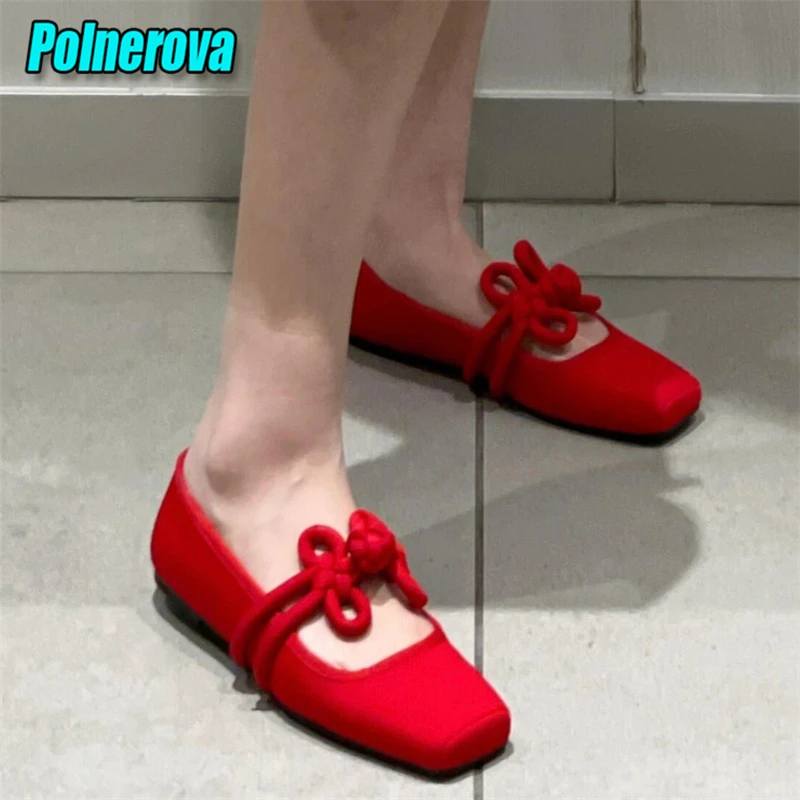 Chinese Knot Ballet Flats for Women Black Red Satin Square Toe Pumps Loafers Summer New Soft Sole Comfortable Casual Shoes
