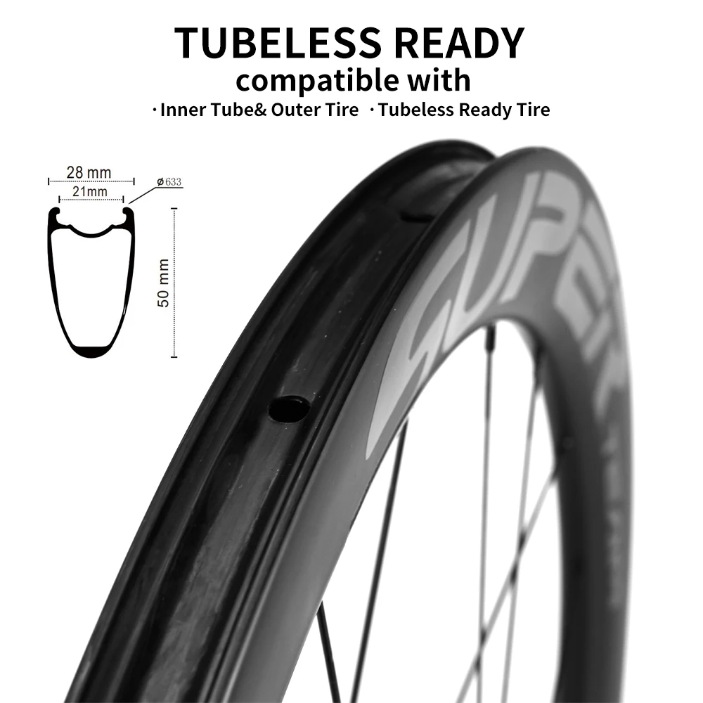 SUPERTEAM Tubeless/Clincher Disc Brake Carbon Wheelset UCI Quality Carbon Rim 700C Road Bike Wheels HG/XDR