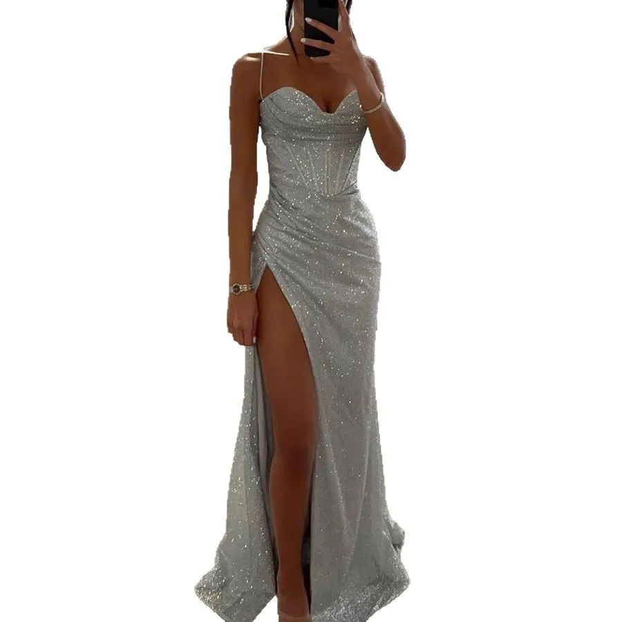 One Side Slit a Line Dress with Spaghetti Strap Zipper Fitted Sexy Western Style Midi Waist Party Dress for Women Spring Travel