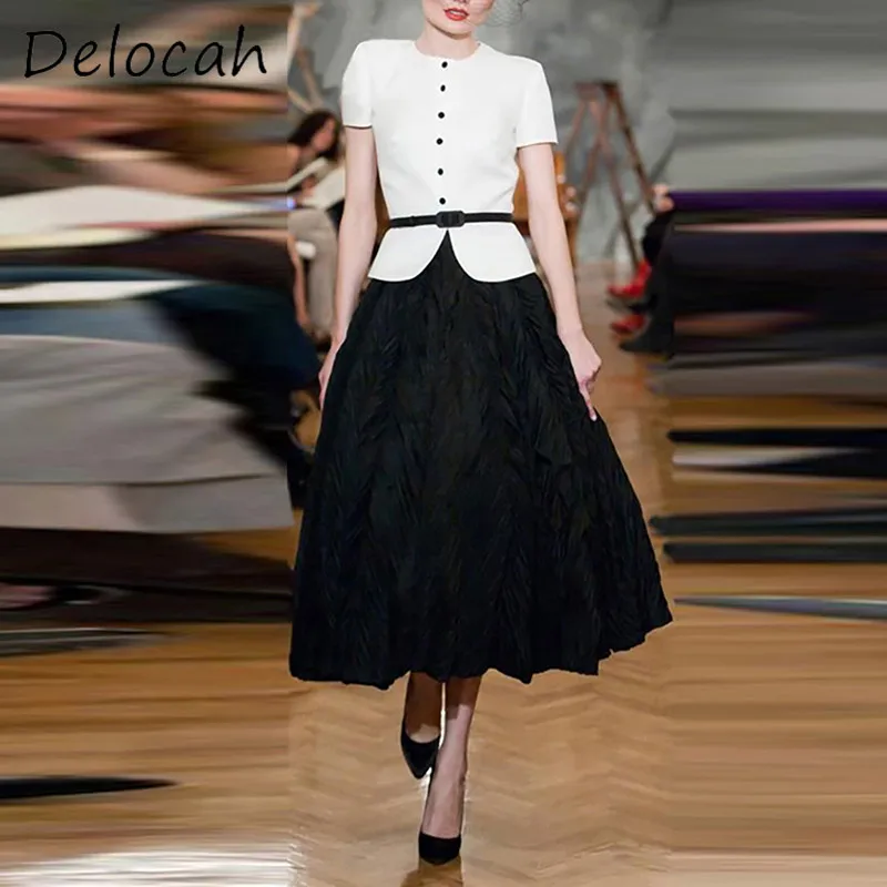 

Deloach Spring/Summer Fashion Women's Round Neck White Short Sleeve Top with High Waist Wide Swing Black Jacquard Half Skirt Set