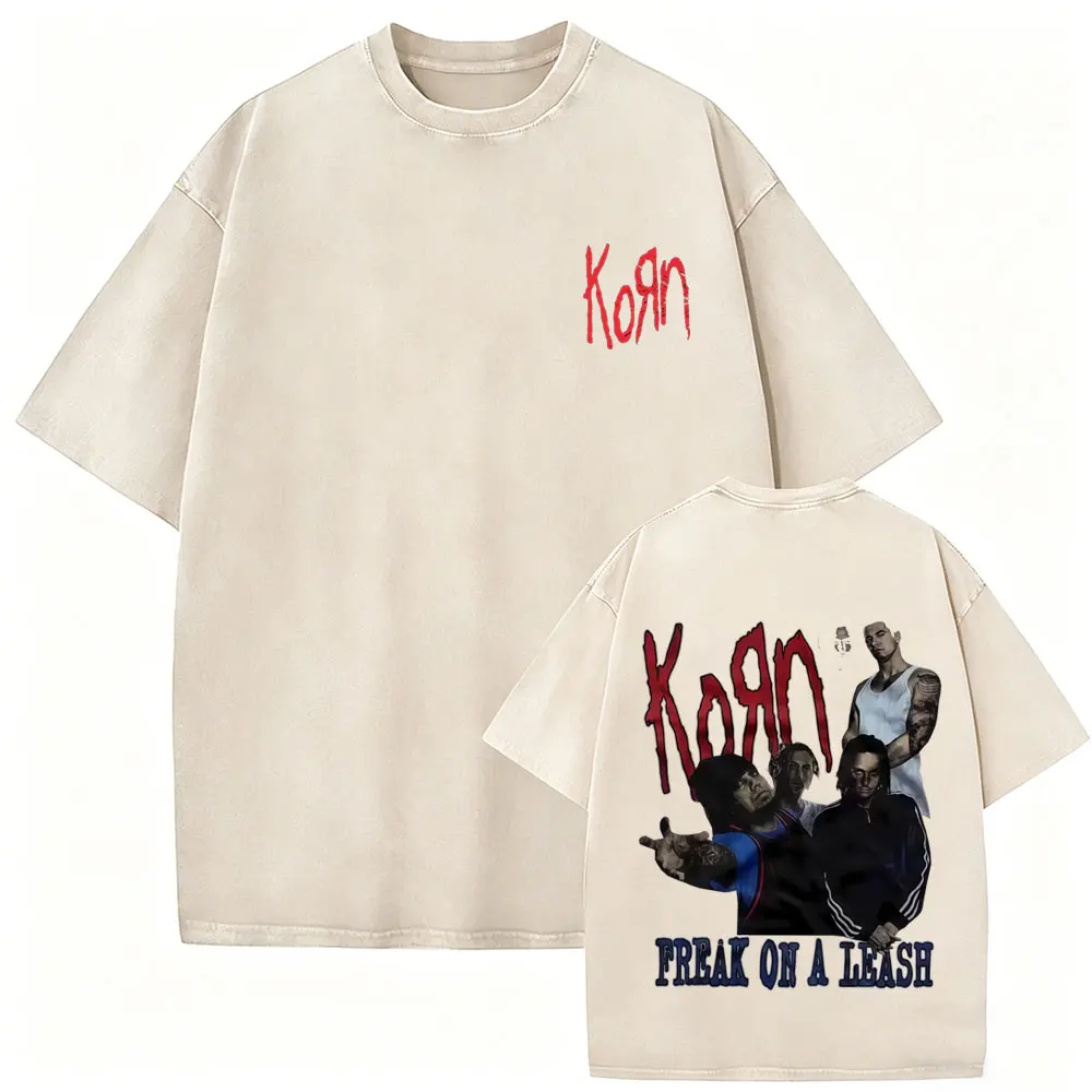 Washed Vintage Rock Band Korn Freak on A Leash Double Sided Print T Shirt Men Gothic Casual Oversized Tees Unisex Summer T-shirt