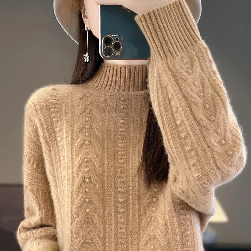 Autumn Winter Basic Mock Neck 100% Merino Wool Sweater Pullover Cashmere Solid Color Lazy Style Long Sleeves Clothing Tops