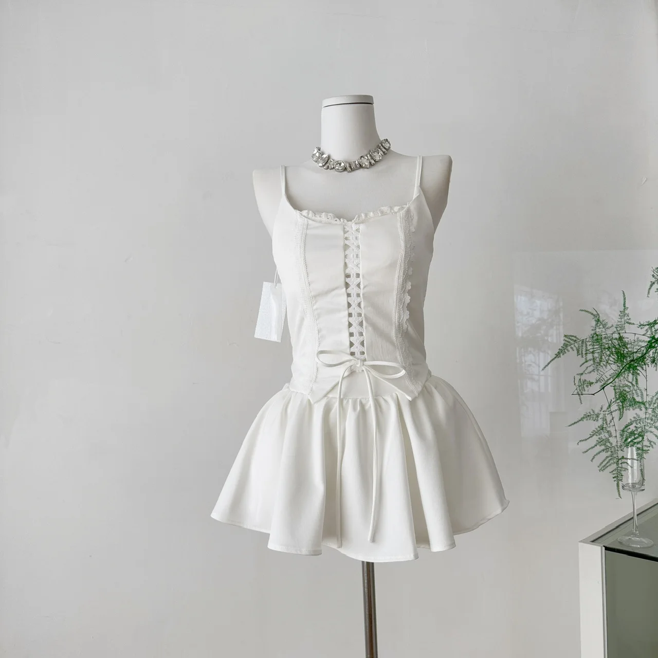 

Sweet Gentle Lace Splice Crop Top High Waist Puffy F Skirt Women's Two-Piece Set Ele Summer Sexy Two Piece Set Women