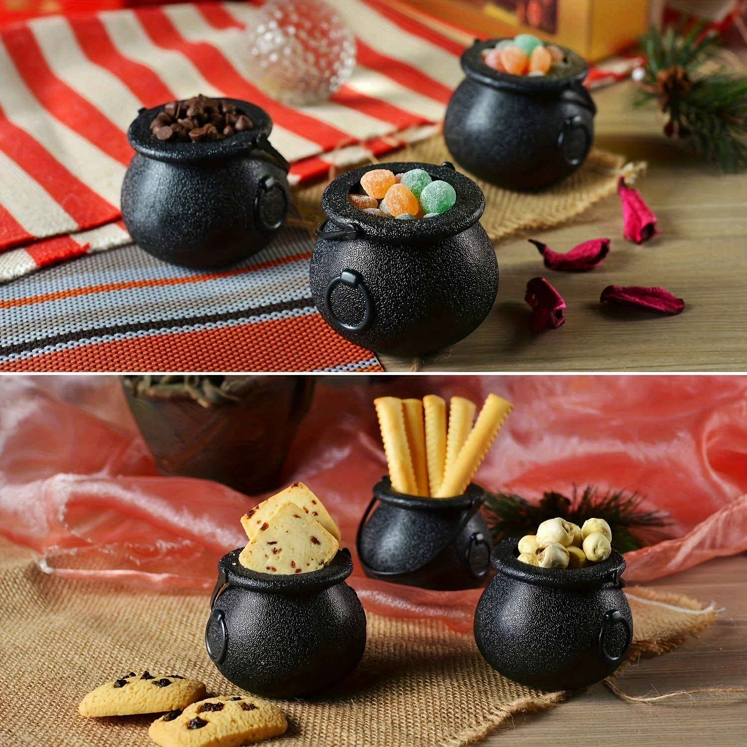 ​12Pack Mini Witch Cauldron Kettle Novelty Candy Holders, Plastic Black Pots for Halloween Party Favors and Decorations Supplies