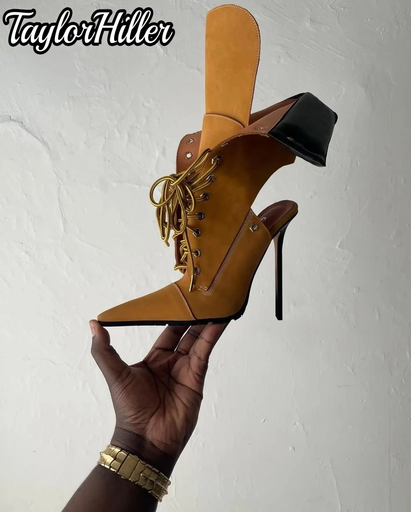 Gladiator Hakken Patchwork Front Lace Up Laarzen Puntige Teen Stiletto Booties Vrouwen Luxe Designer Schoenen Moderne Zapatos De Mujer