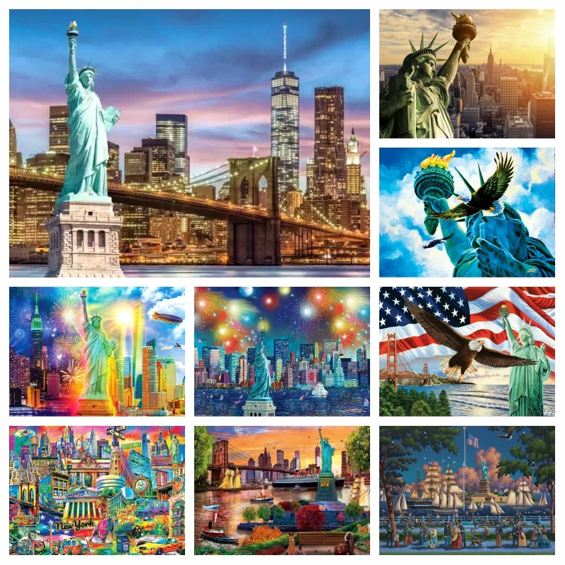 The Statue Of Liberty And Brooklyn Bridge Diamond Embroidery Painting Art New York Landscape Mosaic Cross Stitch Wall Decor